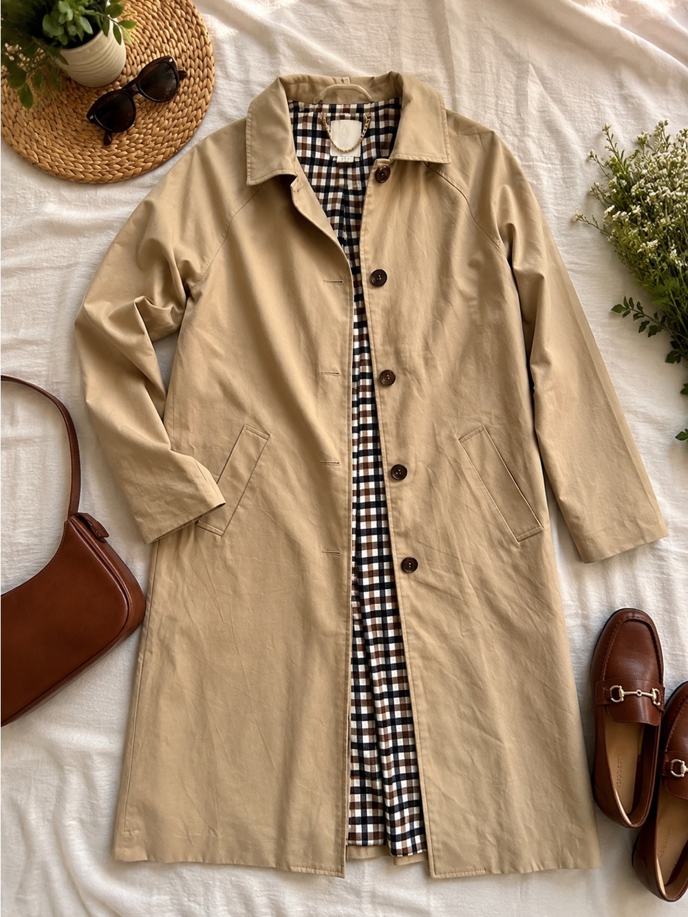 Joie Women’s Hooded Trench Coat Tan Gingham Lined Long Button Front Jacket XS
